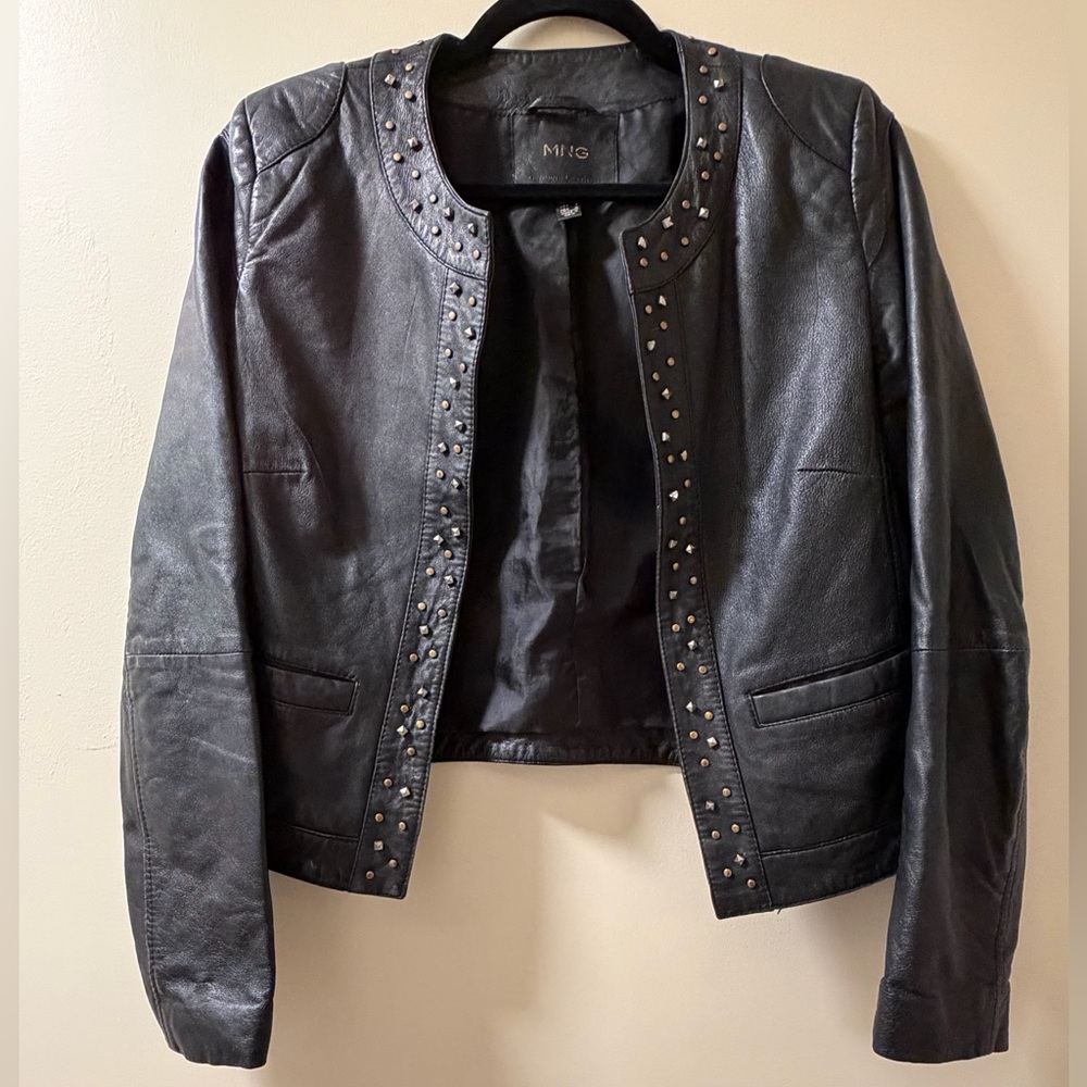 Mango Black‎ Studded Collarless Leather Jacket
